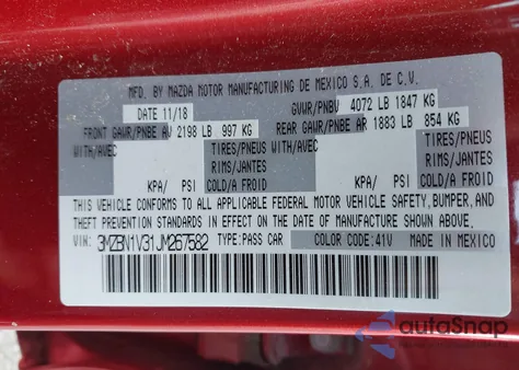 2018 Mazda Mazda3 Touring from USA, damaged, VIN 3MZBN1V31JM267582